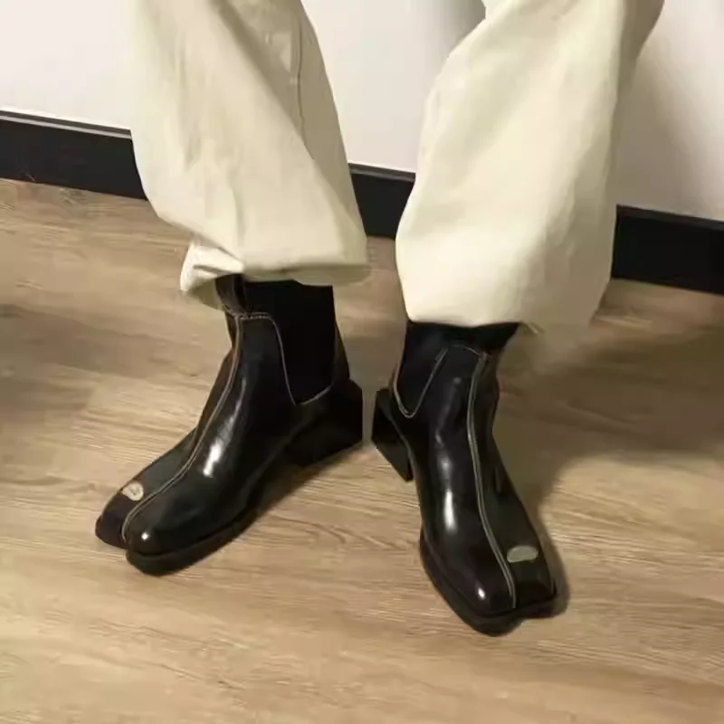 

Vintage Square-Toe Leather Woman's Boots Autumn Black Slip-On Chunky Heel Ankle Boots