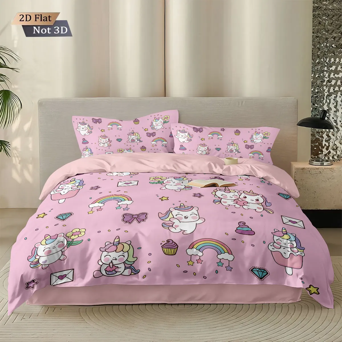 3pcs Cartoon Cute Unicorn Printed Coreless Down Duvet Cover Set, Multi Size Bedroom Bedding Decoration, Machine Washable