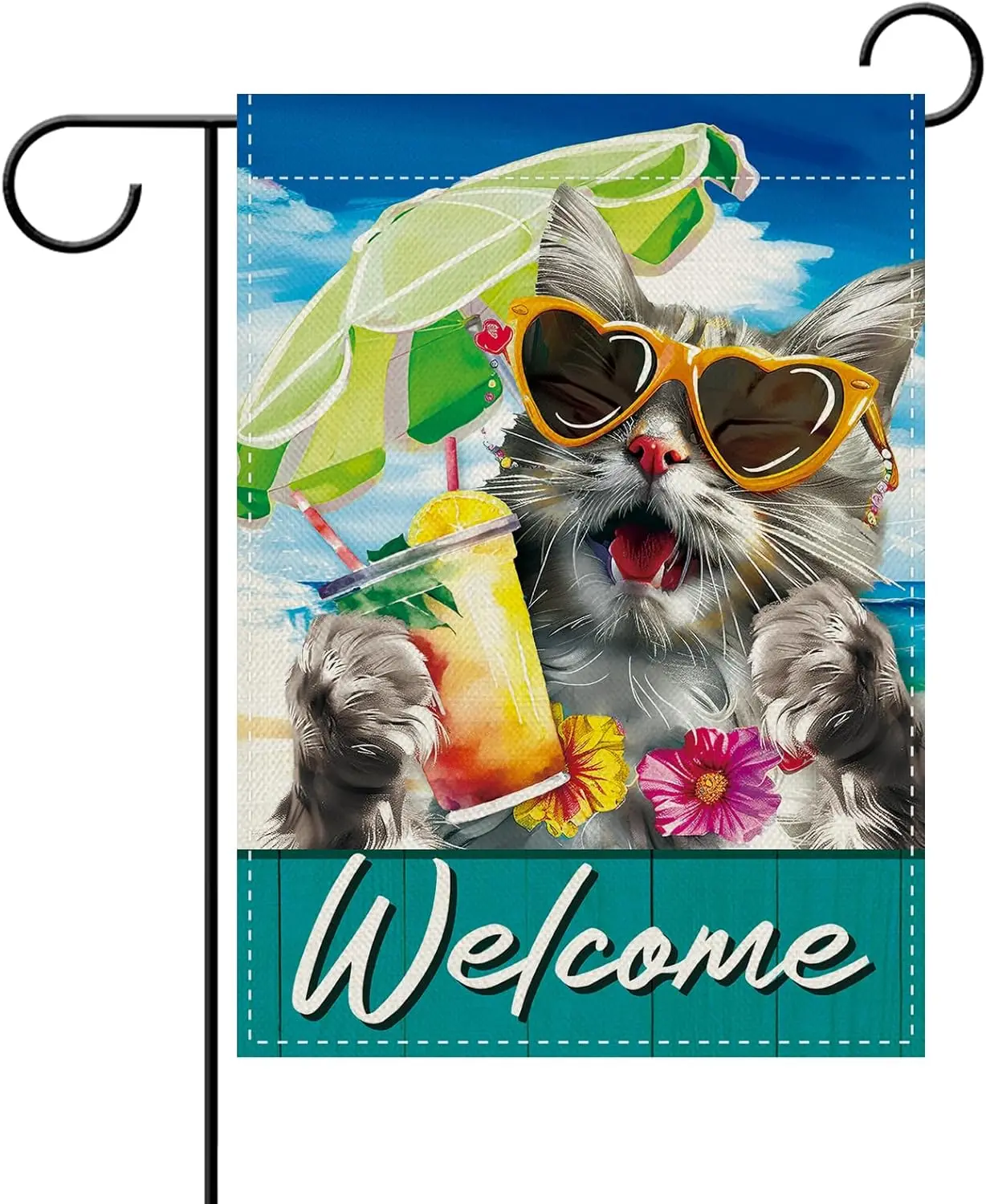 Dyrenson Welcome Summer Beach Cat Decorative Garden Flag, Coastal Sunshade Yard Outside Home Decoration Pet Owner Lover Gift jjp