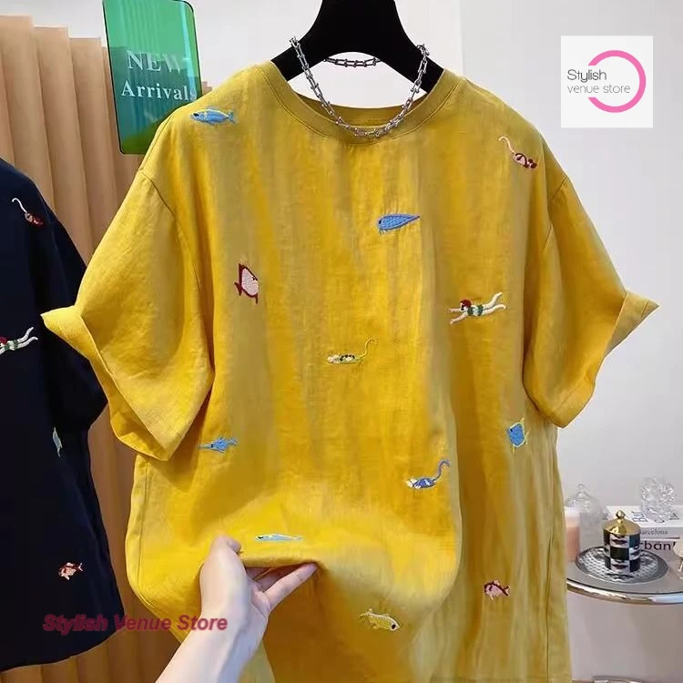 

French style plus size loose cartoon embroidery T-shirt women's summer new fashion high-grade casual Joker top. shirts for women