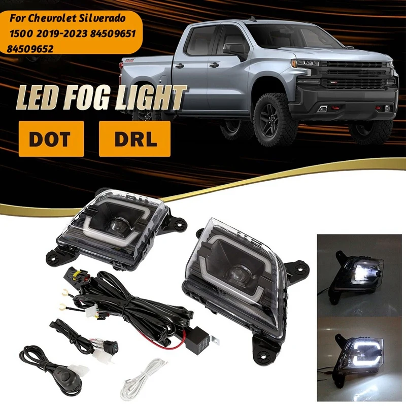 

1Pair Front Bumper LED Fog Lights+Harness DRL Driving Lamp Assy For Chevrolet Silverado 1500 2019-2023 84509651 84509652 Parts