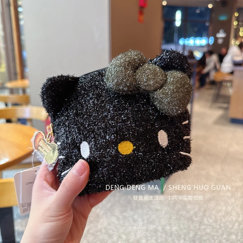 Sanrio Hello Kitty Peluche Bowknot Flash Fili d'argento Portamonete Rossetto Storage Pochette Borsa interna portatile da viaggio Regalo per ragazza