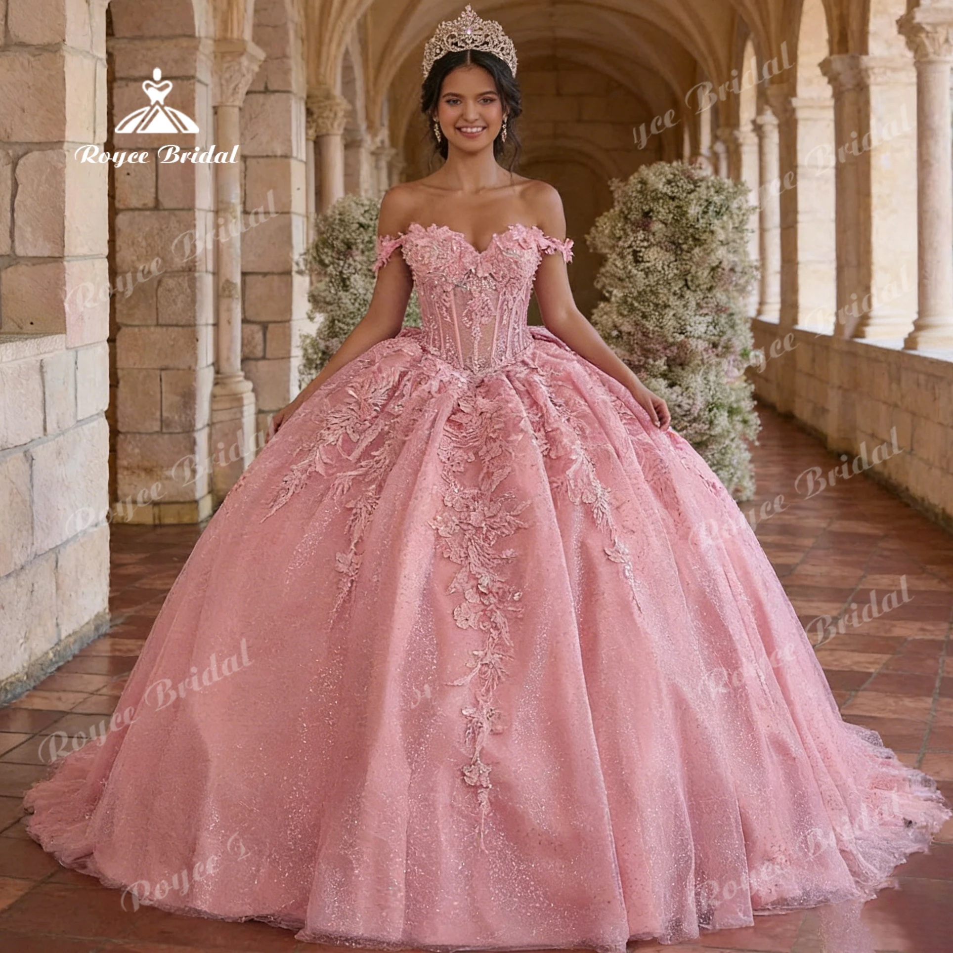 Vestido de Quinceañera Roycebridal Rosa con Apliques de Encaje, Vestido de Fiesta Juvenil con Hombros Descubiertos, Vestido de Gala con Lazo, Talla 16, Personalizado para Ceremonia