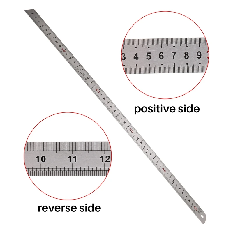 SOSW-Régua Reta De Aço Inoxidável, Escala Lateral Dupla, Ferramenta De Medição, 50cm