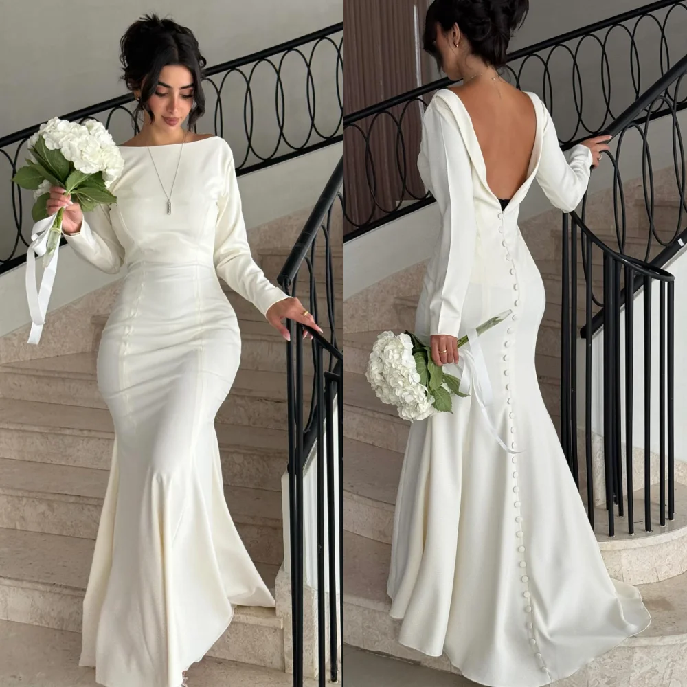 

Customized Jersey Button O-Neck Backless Mermaid Floor-length Bespoke Occasion Dress Woman Elegant Party Wedding High Quality