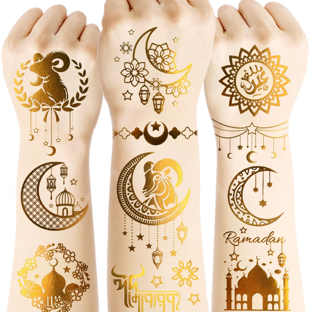 

8 листов золотых временных татуировок Ид Мубарак Рамадан, золотой дизайн, блестящая блестящая овца, луна и звезды, узор браслета