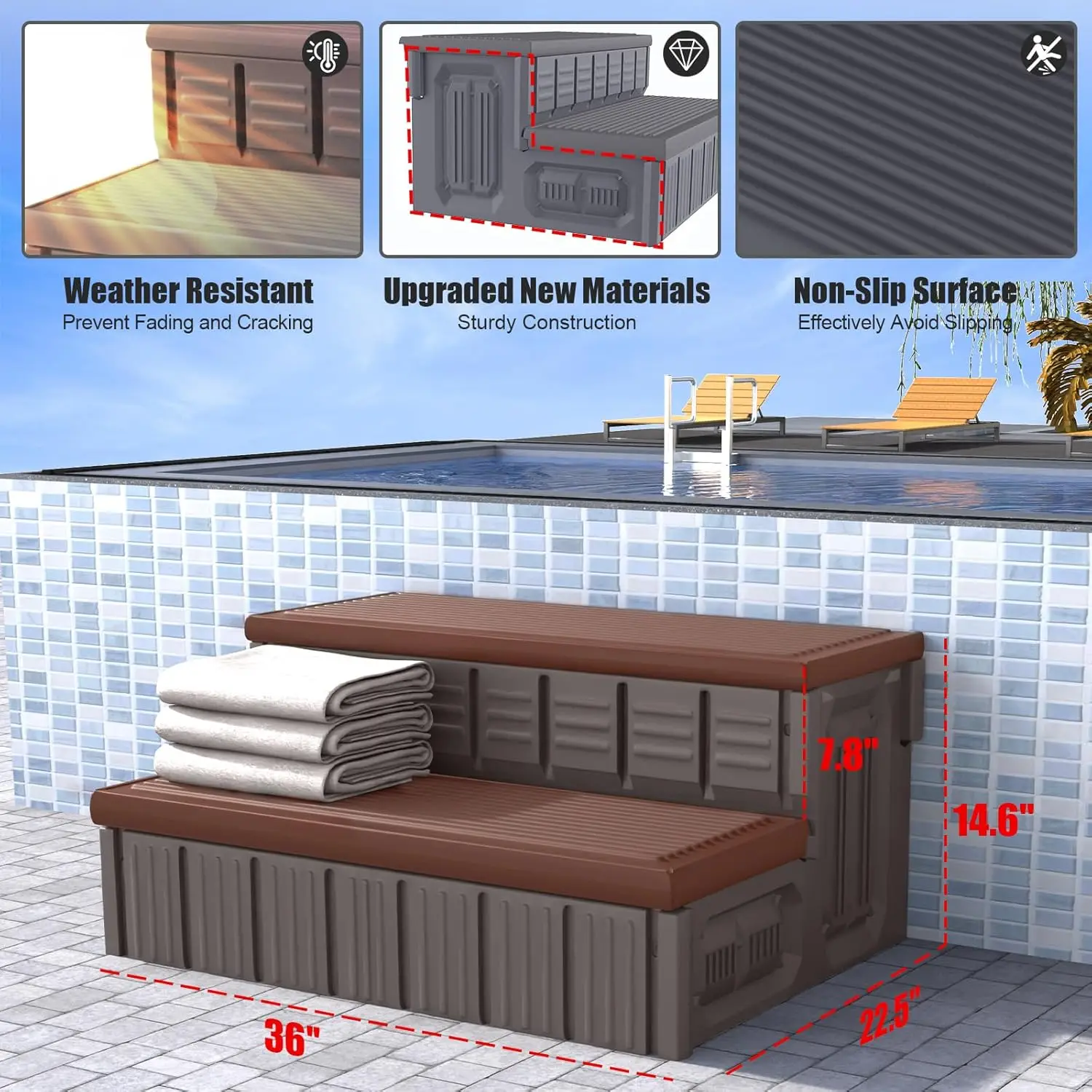 خطوات حوض الاستحمام الساخن، خطوات سبا خارجية مع مساحة تخزين، سلالم حوض استحمام ساخن قوية غير قابلة للانزلاق، بطول 36 بوصة، قهوة/رمادي