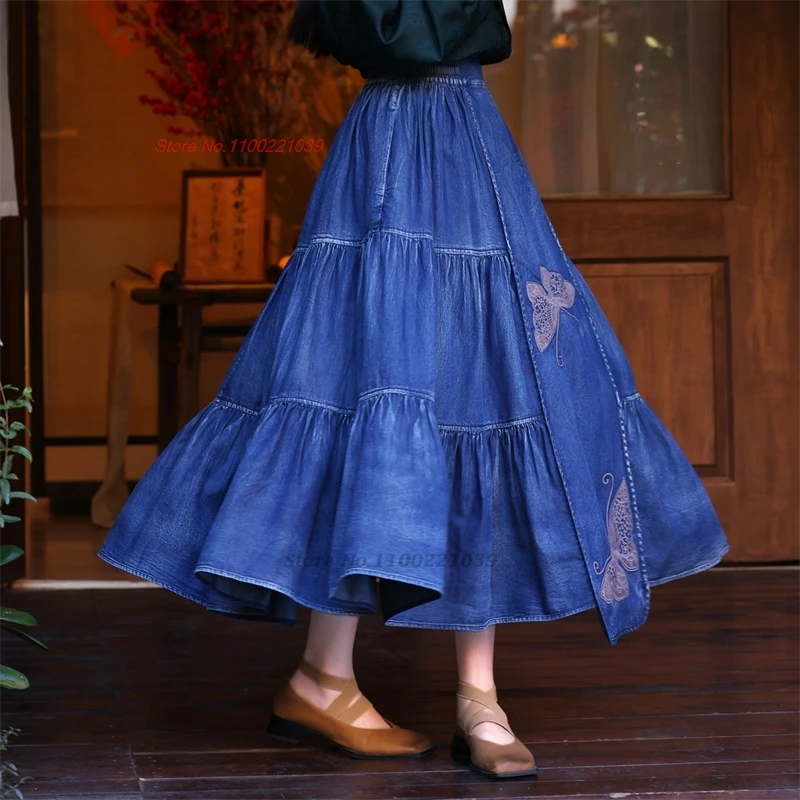 

2025 traditional skirt national butterfly embroidery denim skirt oriental vintage a-line elastic waist skirt chinese folk dance