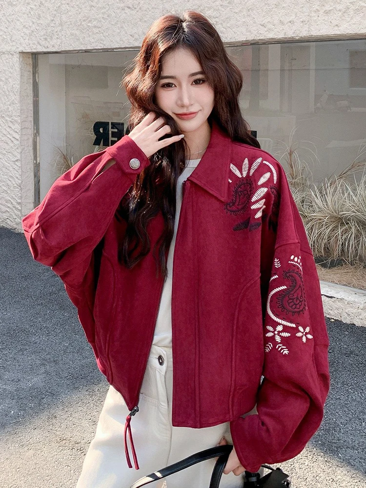 Red Faux Suede Sweet Jacket Women Loose Vintage Embroidery Preppy Style Short Coat Fall Winter Retro Design Female Outwear Tops