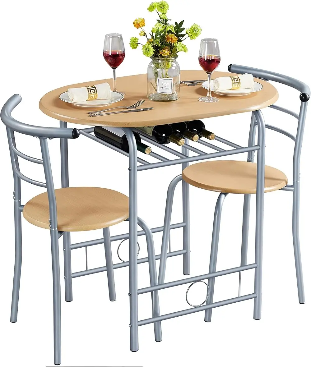 

3 Piece Dining Set, Kitchen & Chair Sets for 2, Compact Bistro Set with Steel Legs, Built-in Wine Rack for Small Space, A