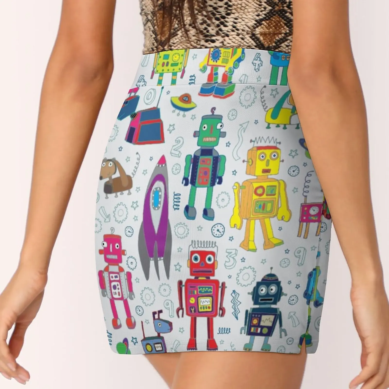Robots In Ruimte-Grijs-Fun Robot Patroon Door Cecca Ontwerpen Rokken Vrouw Mode 2022 Broek Rok Mini Rokken kantoor Korte Rok