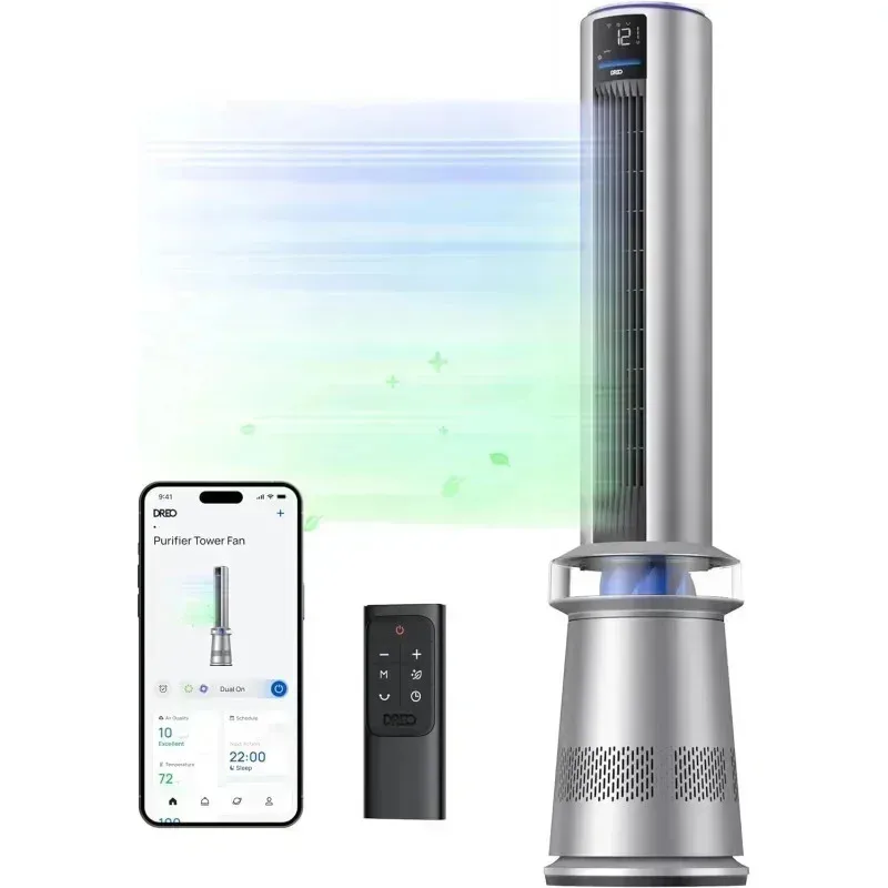 PMD4-Dreo مروحة برجية لتنقية الهواء، مروحة ذكية 2 في 1 مقاس 45 بوصة لغرفة النوم، سرعة 27 قدم/ثانية، 120 °   التذبذب، مراوح خالية من الشفرة بمؤقت 24 ساعة،