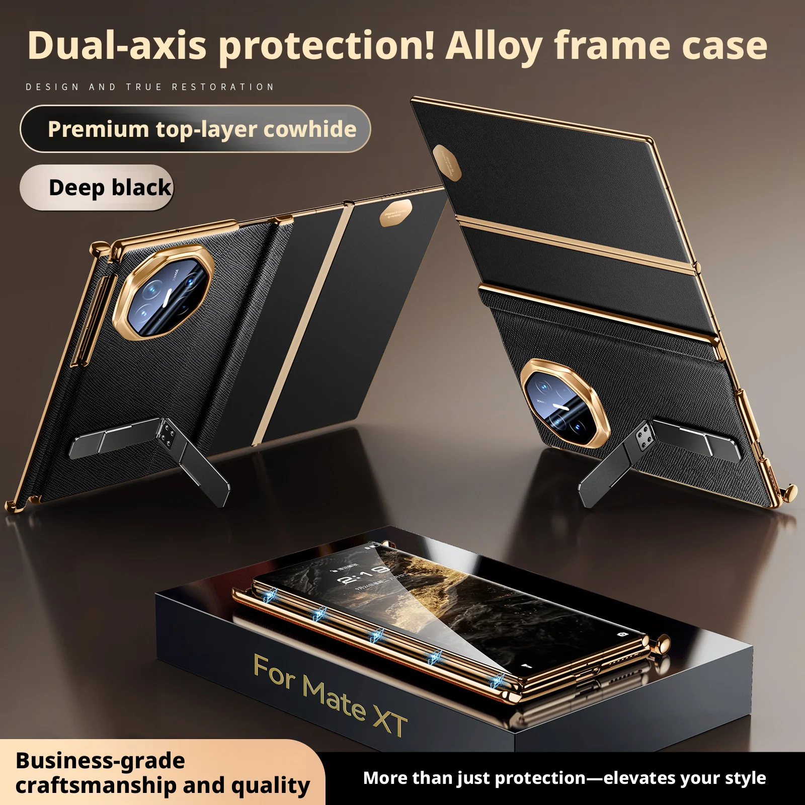 

Premium Luxury Genuine Leather Cowhide Case For Huawei Mate XT XTs Magnetic Dial-axis Alloy Swivel Stand Lens Protedction Cover