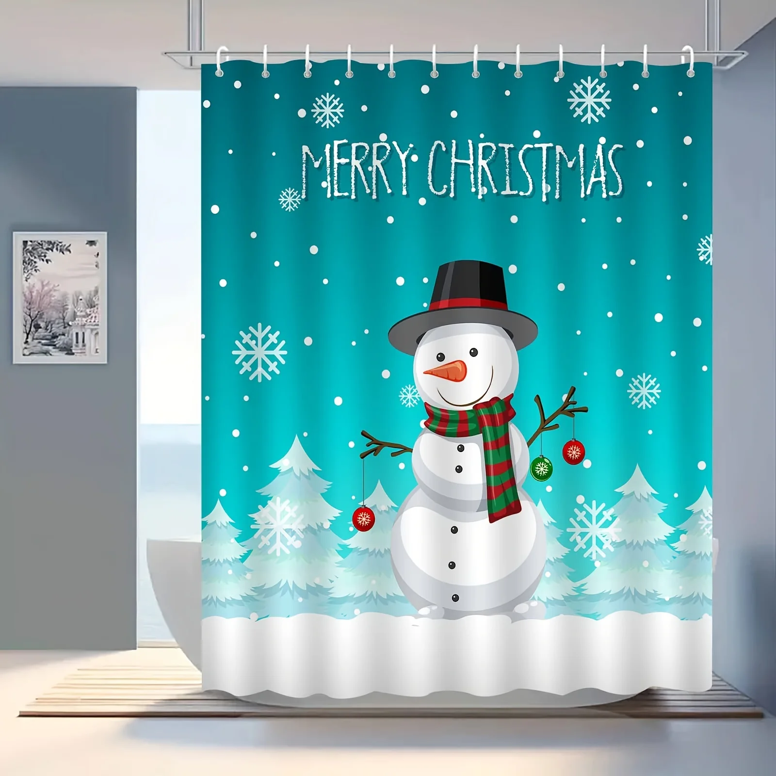 JIT1pcs Christmas Snowman Pattern Shower Curtain, High-end Elegant and Anti Fog Bathroom Curtain, Multifunctional Curtain, Bathr