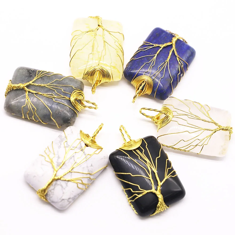 

6pcs/lot New Natural Stone Square Necklace Pendant Gold Wire Winding Handmade Wrap Tree Life Charm Jewelry Accessories Wholesale