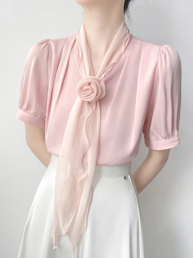 

Корейская шелковая блузка с коротким рукавом для женщин, розовая, с драпировкой, дышащая, удобная, для повседневной носки, с V-образным вырезом, в стиле casual