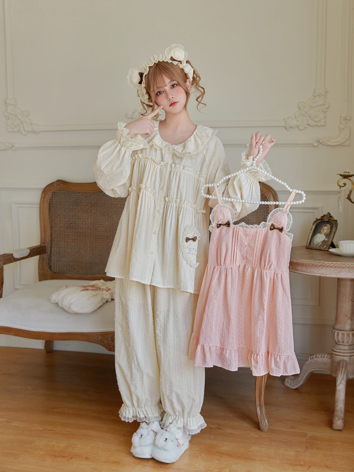 Girsl Cute Doll Collar Jacquard Cotton Pajamas Set Japanese Style Lace Patchwork Single Breasted Soft Home Clothes Kawaii