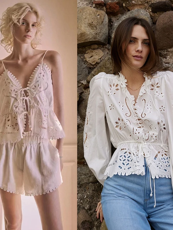 

French Style Long Sleeve Cotton Shirt Hollow out Maderia Lace Tie Spring Summer Travel Clothing Overhead Girl's Blouse