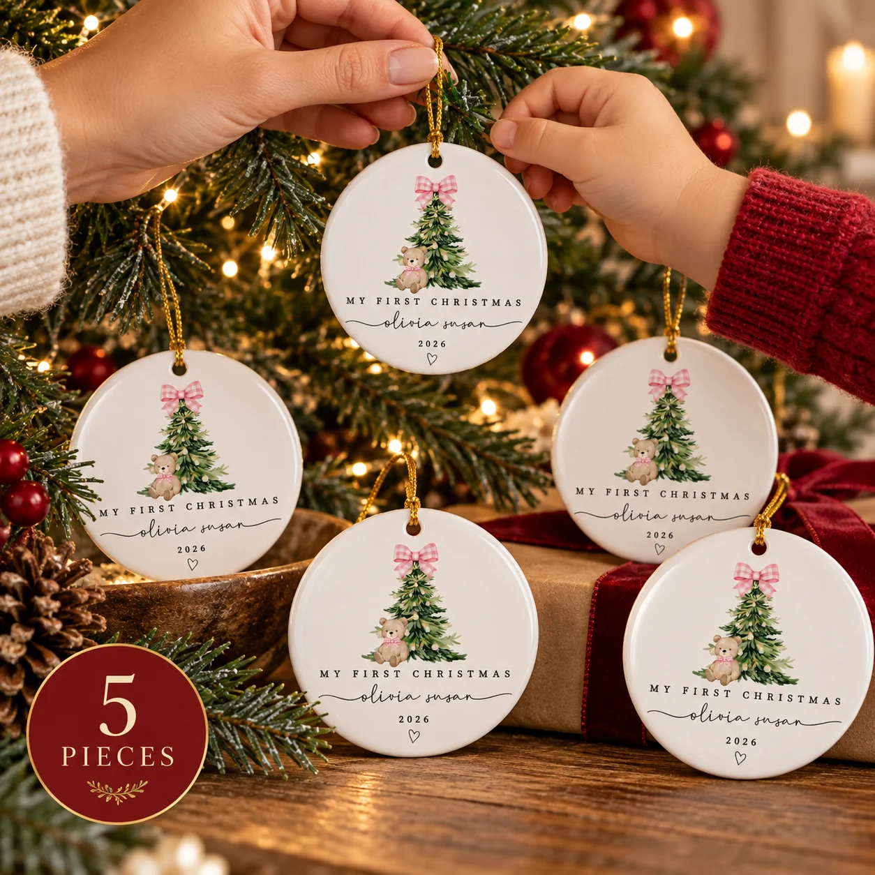 5Pcs Christmas Keepsake Round Ornaments 2026 Family Milestone Stocking Design Tree Decor Home Party Christmas Gift Set For Kids