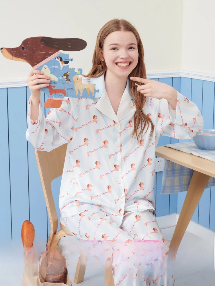 Left Navigation Roomance Summer Home Clothes Set Women's Ice Silk Sleepwear Dachshund Print Loose Fit Short Sleeve Nightgown