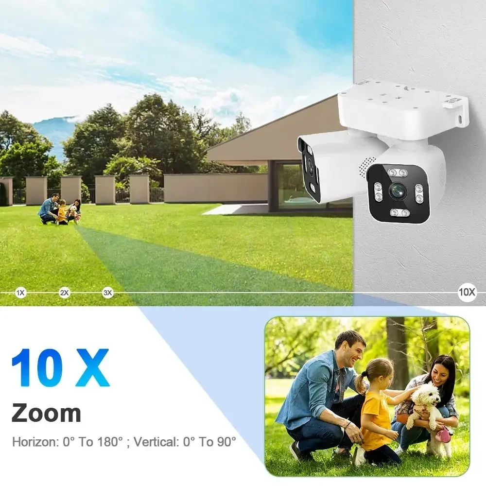 AIOOK Security Camera Outdoor Waterproof Dual Lens HD 8MP 4K 10X Zoom WiFi CCTV Night Vision Two-Way Intercom PTZ Remote Viewing