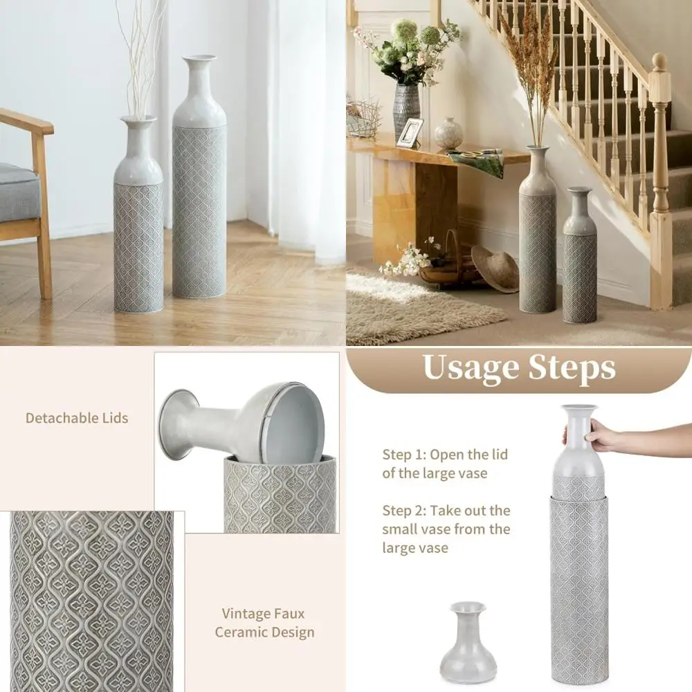 

Large Oversized Floor Vases Set of 2 - 21.65/27.56in Glazed Metal for Pampas Grass and Twigs - Vintage Style, Big Decorative Vas