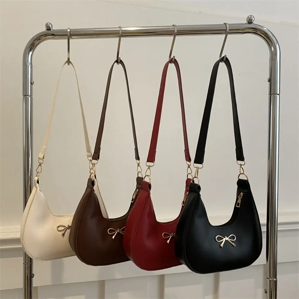 

Versatile Korean Style Bow Shoulder Bag Handbag PU Leather Crescent Bag Pure Color Large Capacity Crossbody Bag Girls