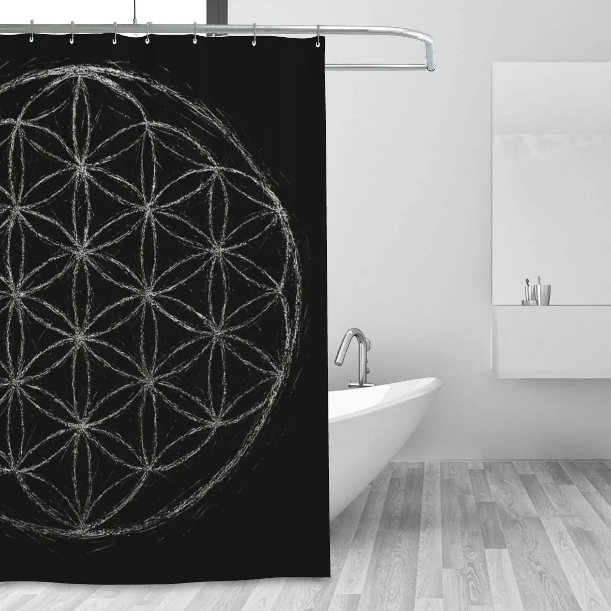 Flower Of Life Sacred Geometry - Dark Scratch Art Spiritual Symbol Shower Curtain Bathroom Waterproof Bath Curtains with Hooks