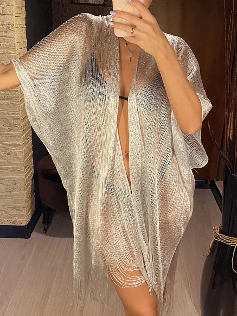 Tassel Gold Bikini Cover Up Sexy Beach Dress Tunics for Women Beachwear New Summer See Through Swimsuit Cover-ups Kaftan New