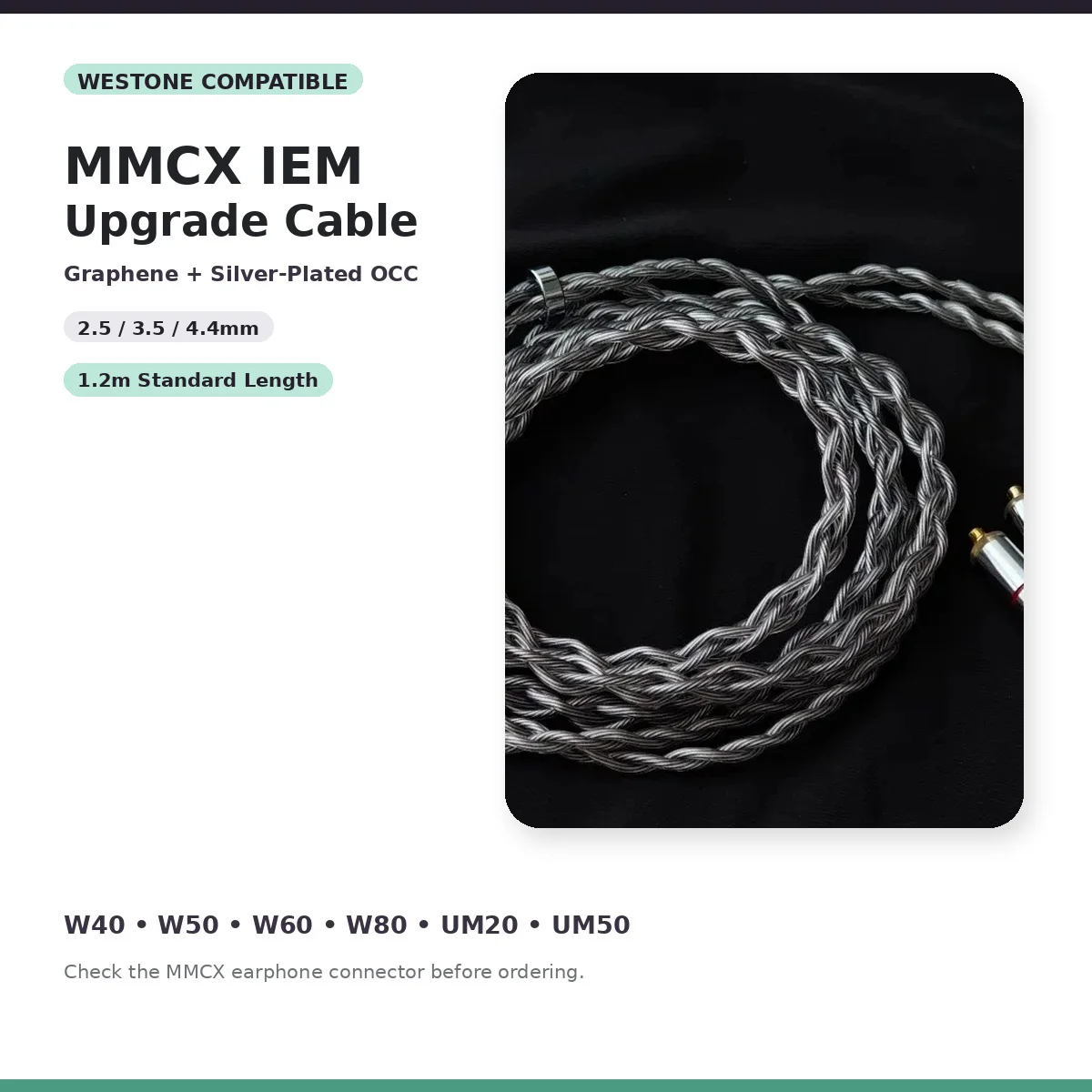 mmcx-iemアップグレードケーブル、westone-w40-w50-w60-w80-um20-um50対応、グラフェン銀メッキocc、25-35-44mm、12m