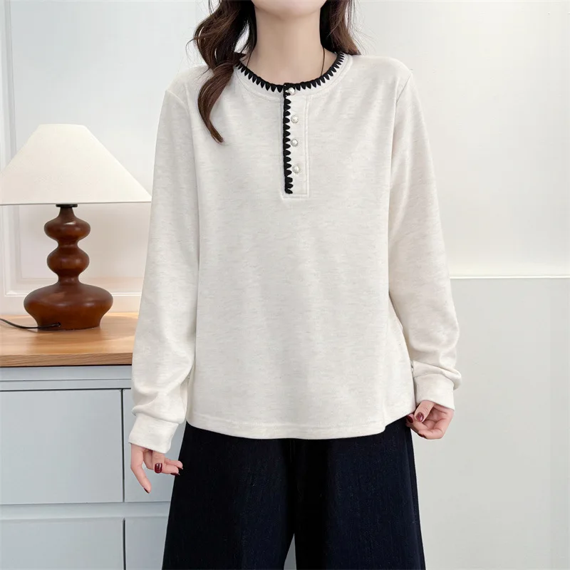 

XXXXL модная женская одежда больших размеров, футболка на осень и зиму 2025 года, теплые топы с длинными рукавами и круглым вырезом, 519