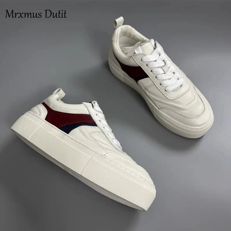 Mrxmus 2023 Women New Fashion Lacing Round Head Flat Thick Sole Sneaker Solid Versatile Casual Simple White Shoes Female Chic