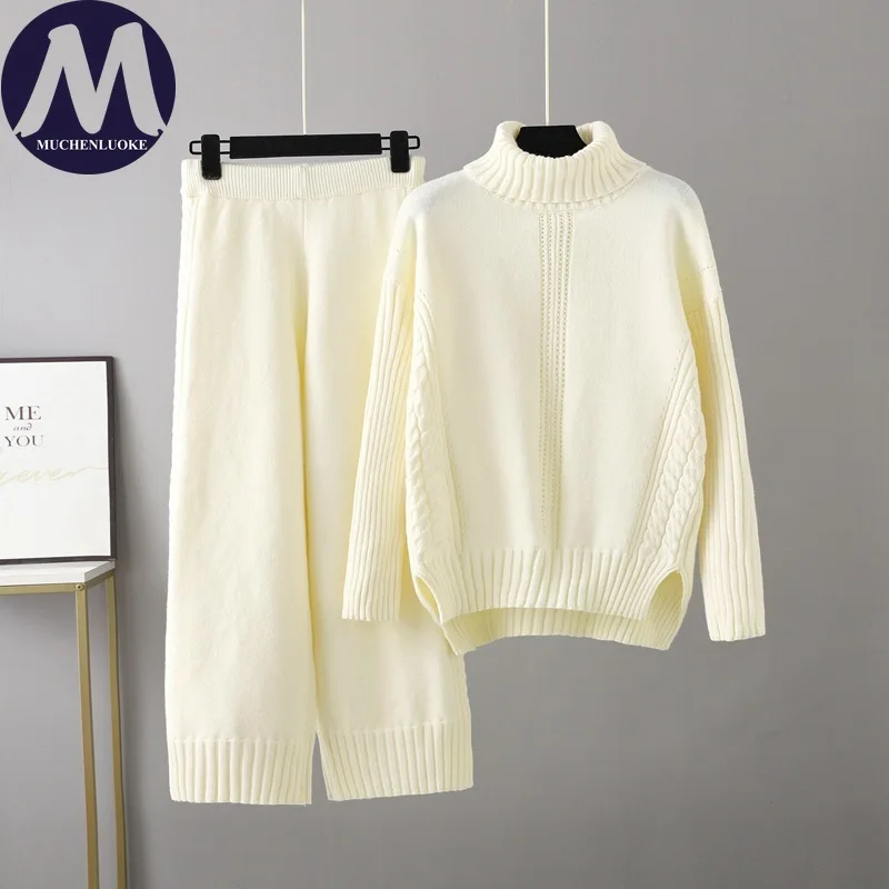 Damen-Set mit Rollkragen, Strickpullover und Mantel, lässig, locker, elastische Taille, weites Bein, Hose, 2-teiliges Herbst-Winter-Outfit