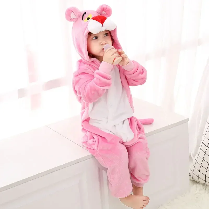 Bonito rosa kigurumis pantera macacão criança menino menina pijama animal sleepwear engraçado macacão inverno quente flanela macacão festa outfit