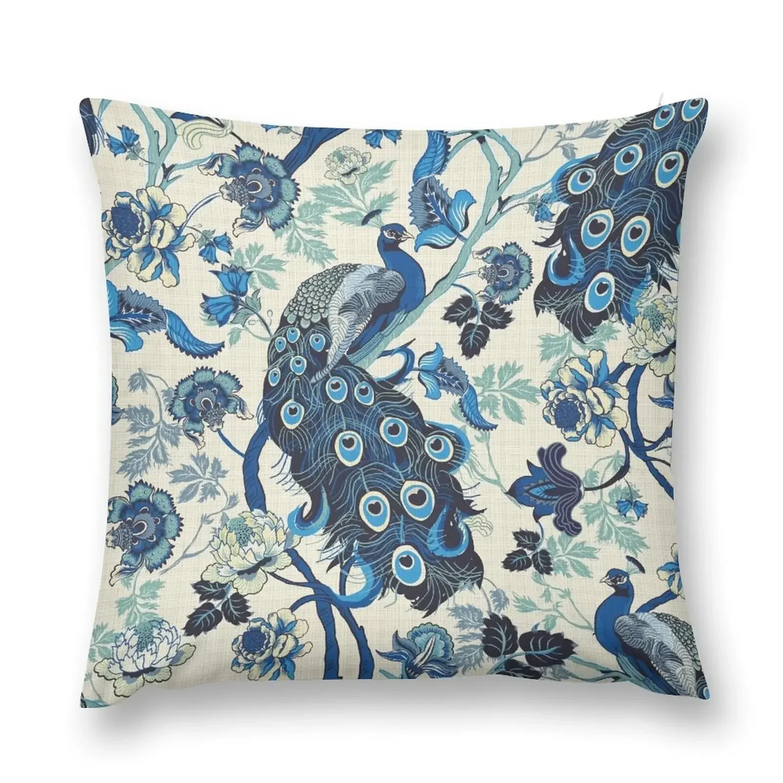 

Chinoiserie Blue Peacocks Linen look, vintage Throw Pillow Luxury Pillow Case Throw Pillow Covers