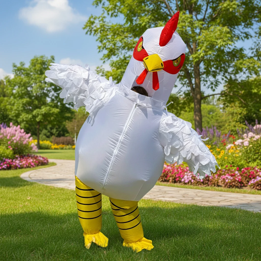 Adult Inflatable White Feather Standing Rooster Costume Full Body Blow Up Chicken Suit Funny Unisex Party Cosplay Holiday Gift