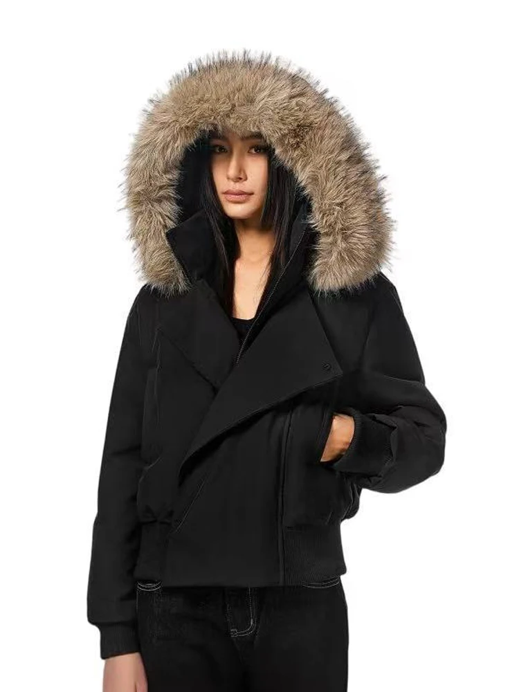 Lady Hooded Short Padded Coat With Large Faux Fur Trim Winter Warm Thick Cropped Jacket Winter Solid Color Streetwear Outerwear