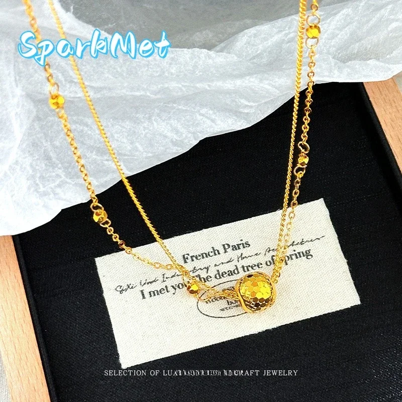 

Ожерелье Sparkmet Light and Shadow Golden Ball из настоящего золота 9999 пробы 24K с мерцающими бусинами, двухслойное, модное, с зажимами Bingsuit