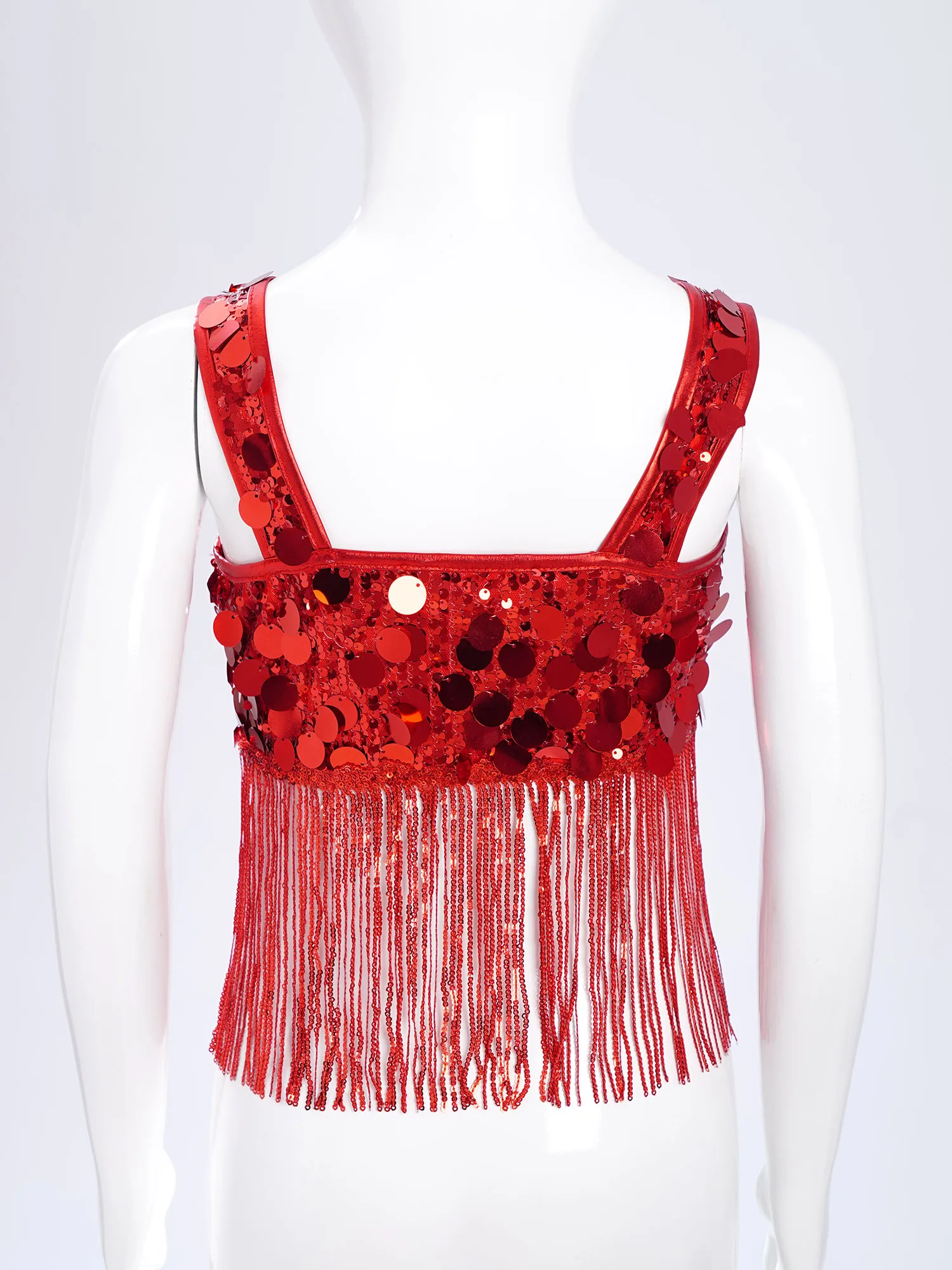 

Kids Girls Blingbling Sequins Dance Top Camisole Hip Hop Jazz Latin Belly Dance Crop Top Wide Shoulder Straps Tassels Vest Shirt