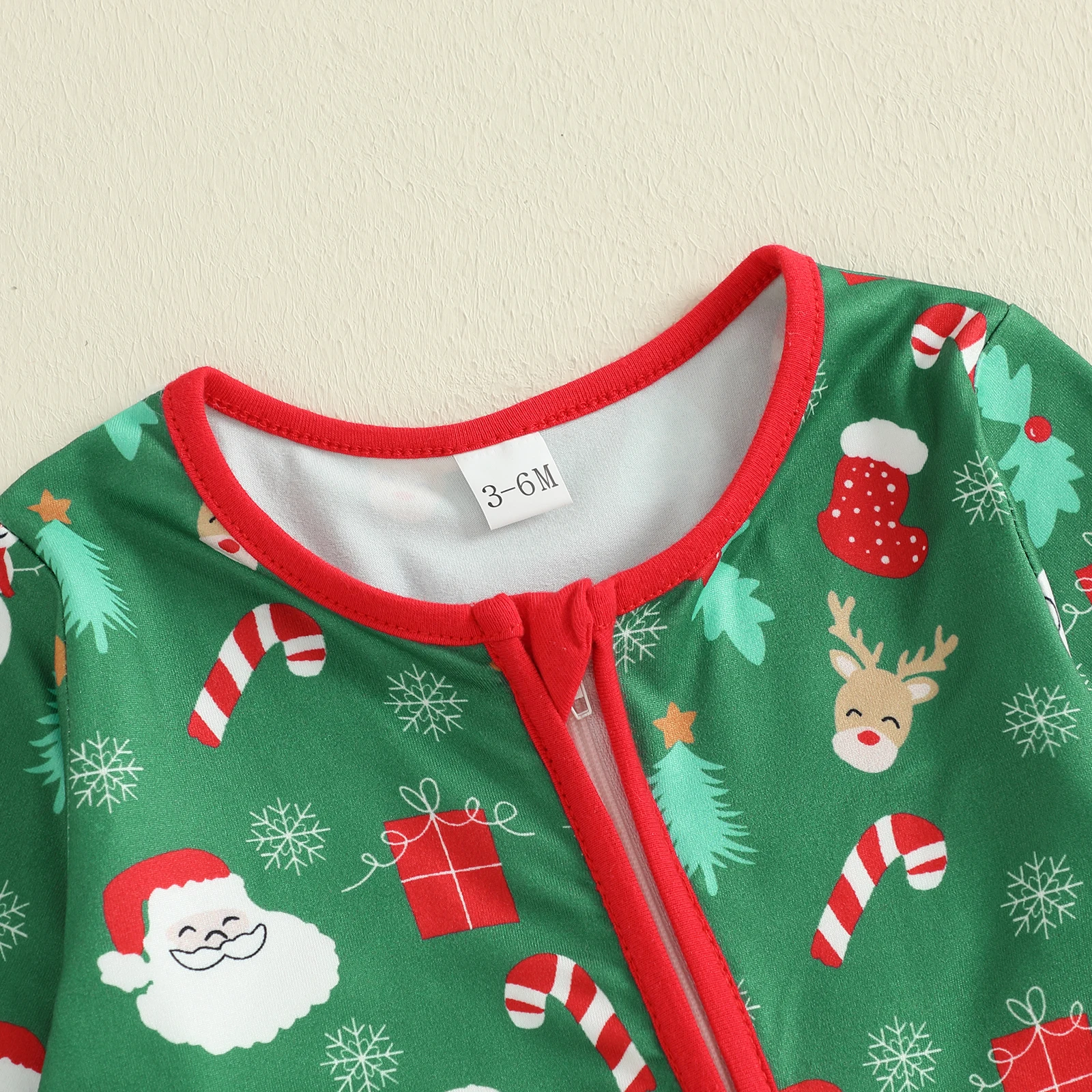 0-12 Months Baby Christmas Romper Reindeer Santa Print Zip Up Long Sleeve Round Neck Jumpsuit