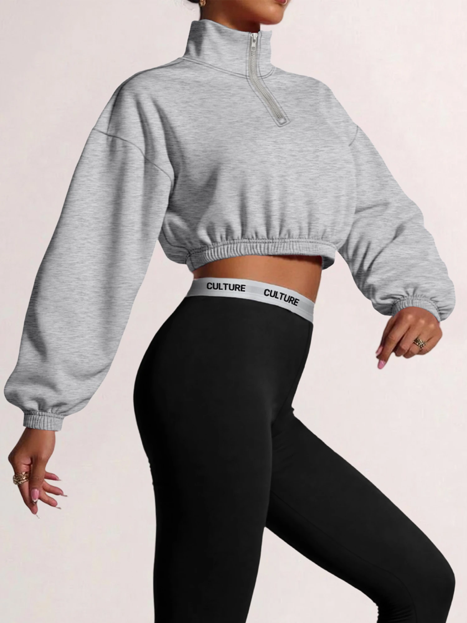 

Ladies Solid Color Half Zip Crop Top, Stand Collar Long Sleeve Casual Sweatshirt, Fashion Street Style For Daily And Leisure