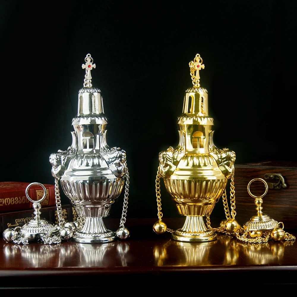 Hot Sale Hanging Orthodox Censer Gold Silver Plated Incense Burner with Bells Church Religious Incense Pot Worship Decor Gift