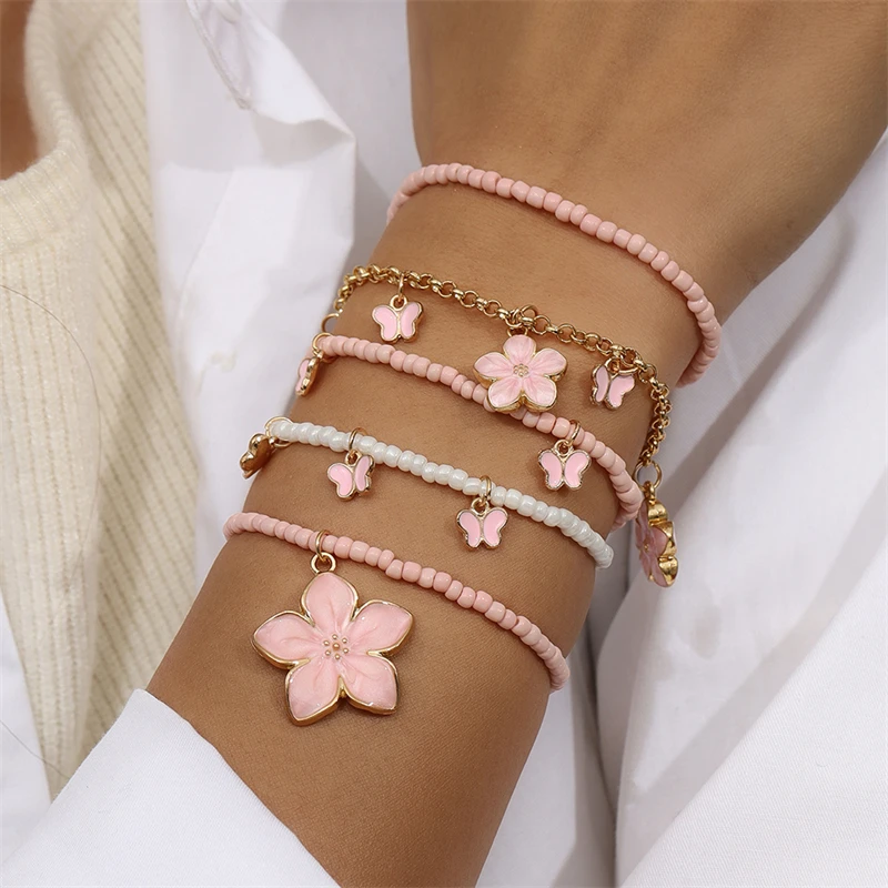 5-teiliges Set Modische Handgefertigte Perlenarmbänder für Frauen, Blumen-Charm-Armbänder, Schmuckgeschenke für Mädchen, Party, Festival – Detail 1