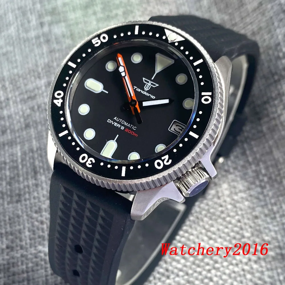 New Tandorio Sapphire Glass 20ATM Waterproof NH35A Automatic Movement Black Dial Luminous Mens Watch Rubber Strap Orange Hands