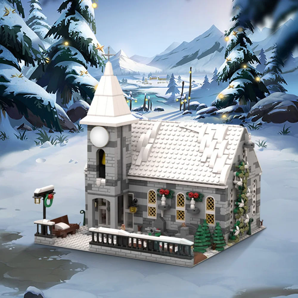 Gobricks MOC Winter Village Church Building Blocks Model Medieval Church Architecture Creative Bricks Assembly Toys Kids Gifts