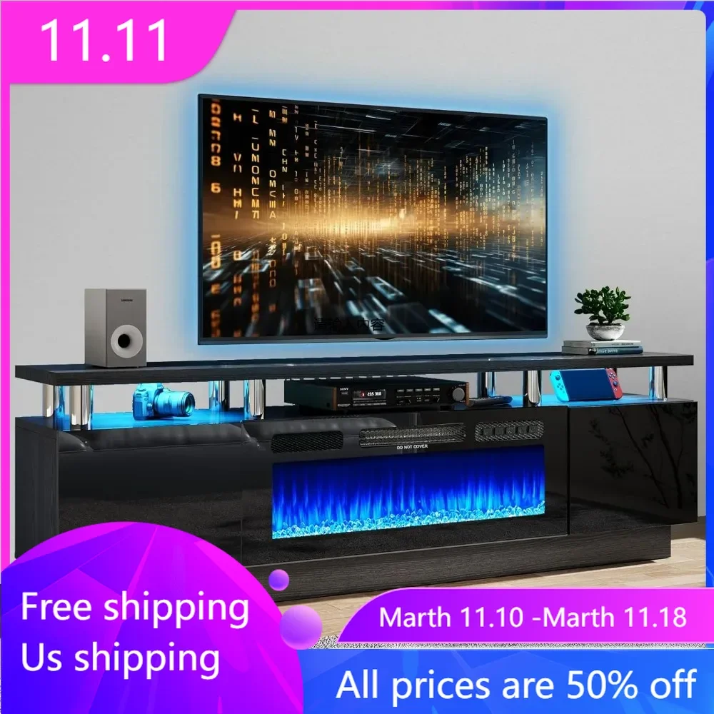 70 inch modern electric fireplace TV stand with electronic flame and LED lights, luxurious high gloss finish entertainmentcenter