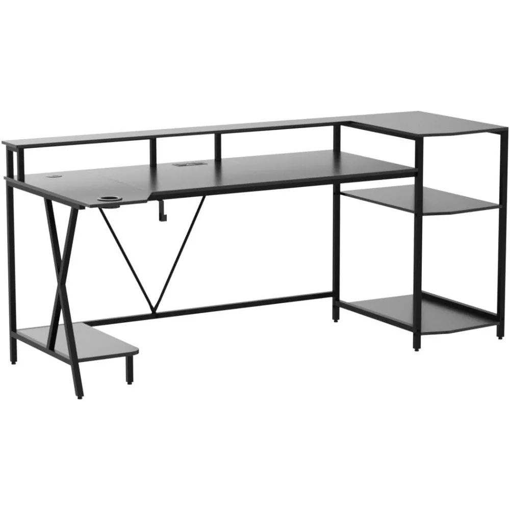 

70.8-inch gaming table with LED lights and storage rack, computer desk with monitor stand, power outlet, and cup holder