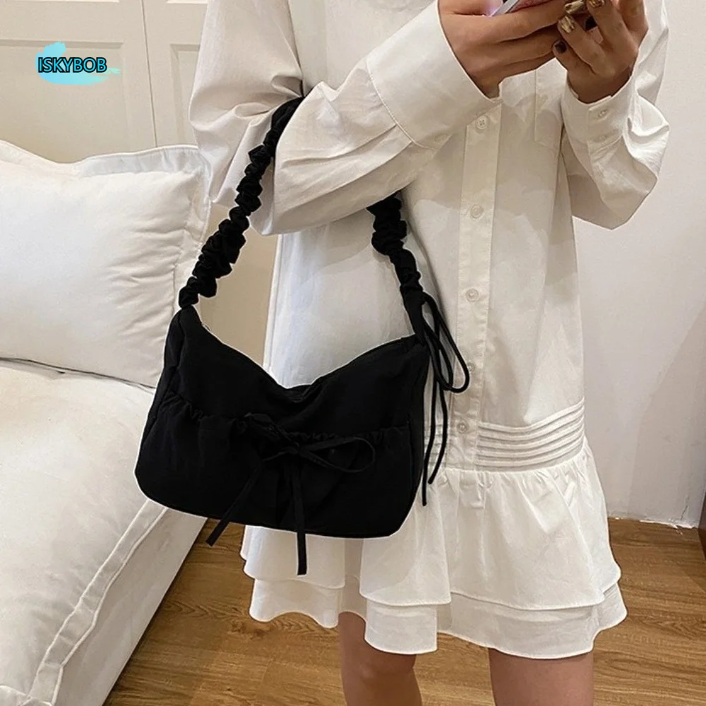 

Sweet Nylon Bow Pleated Bag Drawstring Solid Color Pleated Shoulder Bag Adjustable Zipper Women's Handbag Girls