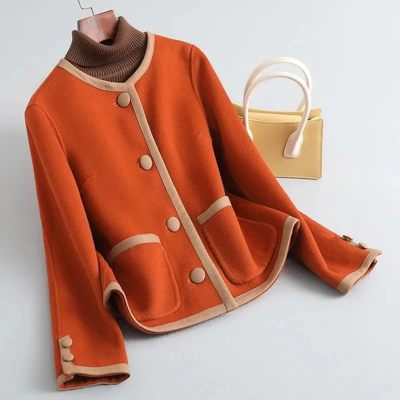 

2024 Spring Autumn New Fashion Fragrant Double Sided Woolen Coat Women's Short Round Neck Single Breasted Casual Overcoat Female