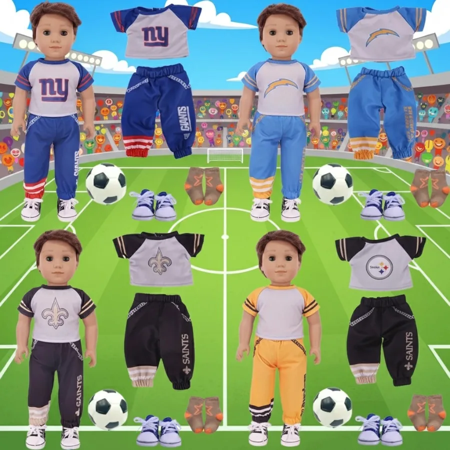 เหมาะสำหรับตุ๊กตาขนาด 18 นิ้ว, ตุ๊กตารีบอร์น อุปกรณ์เสริมเสื้อผ้า, ชุดกีฬากลางแจ้ง รองเท้า ถุงเท้า ชุดฟุตบอล ของขวัญสำหรับเด็ก